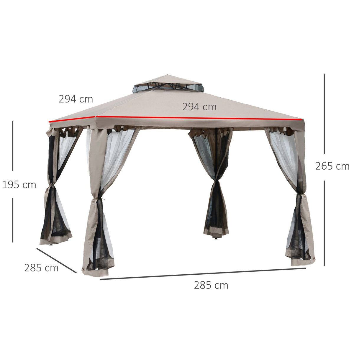 Garden Gazebo 3X3X2.6M Pavilion Garden Tent With 4 Side Walls, Weatherproof, Metal Polyester, Grey