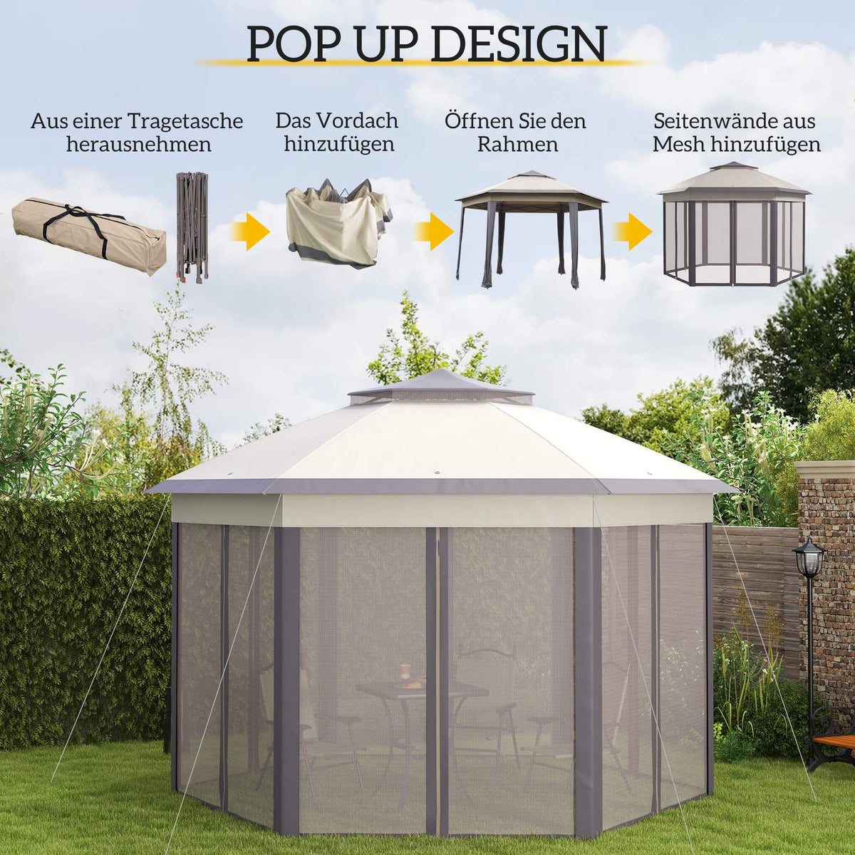 Garden Gazebo Folding Gazebo 4 X 4 M Pop-Up Tent Party Tent Including Carry Bag 6 Side Panels Double Roof Hexagonal Coffee + Beige