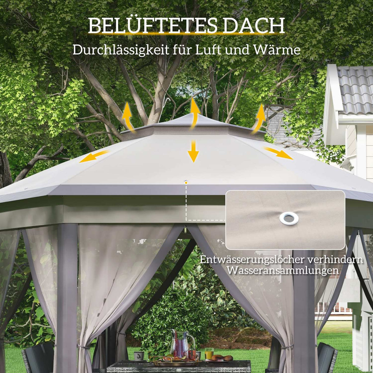 Garden Gazebo Folding Gazebo 4 X 4 M Pop-Up Tent Party Tent Including Carry Bag 6 Side Panels Double Roof Hexagonal Coffee + Beige
