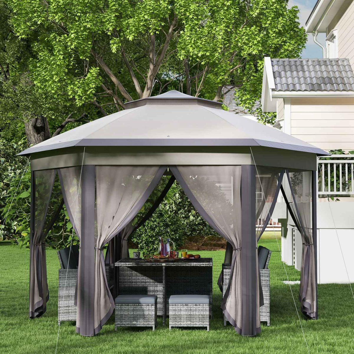 Garden Gazebo Folding Gazebo 4 X 4 M Pop-Up Tent Party Tent Including Carry Bag 6 Side Panels Double Roof Hexagonal Coffee + Beige