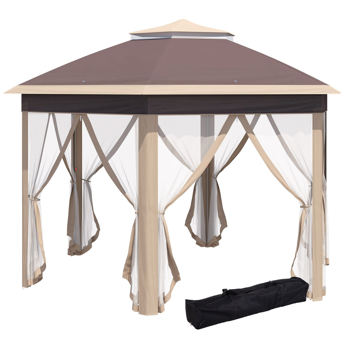 Garden Gazebo Folding Gazebo 4X4M Pop-Up Tent With Carry Bag, 6 Side Panels, Double Roof, Hexagonal, Beige+Khaki