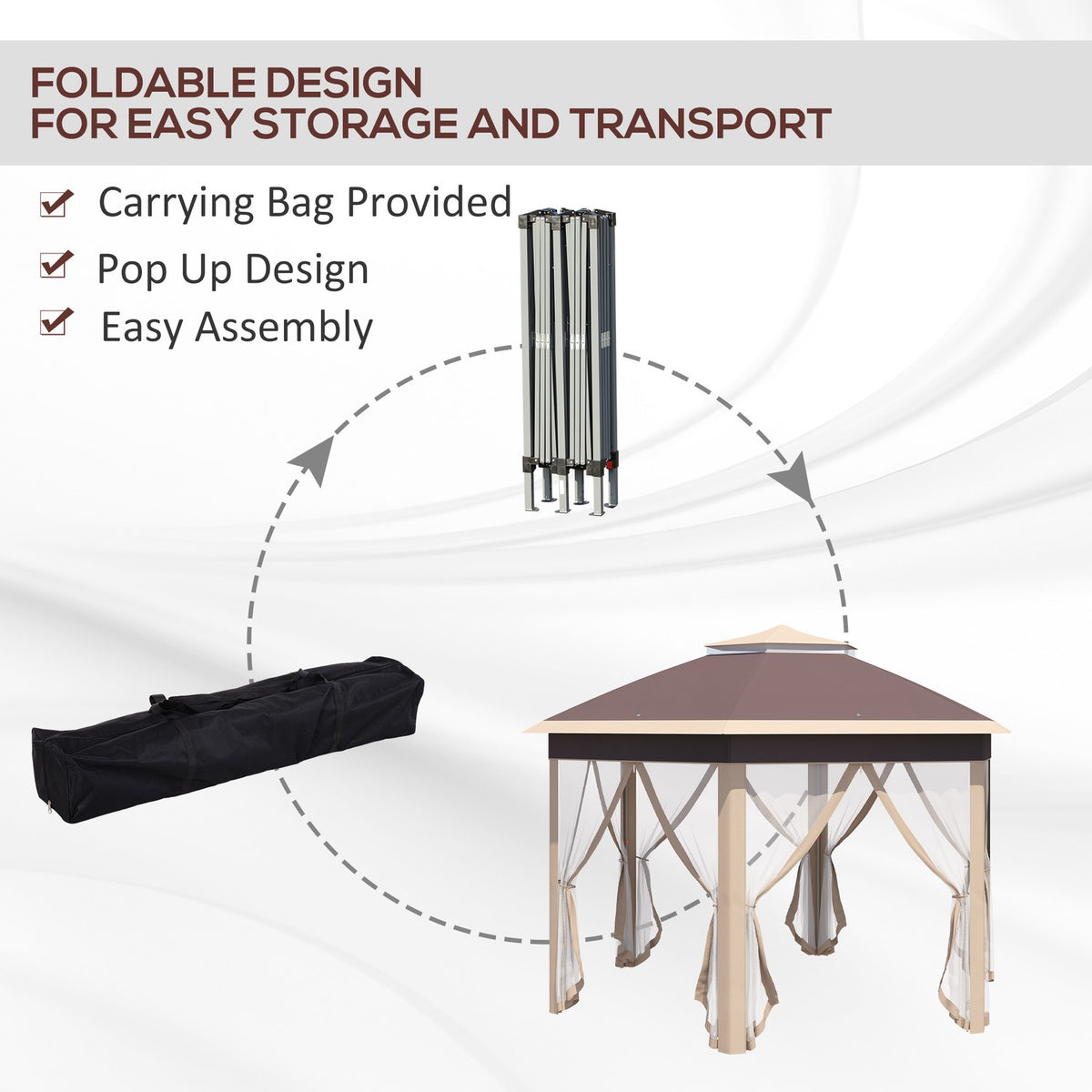 Garden Gazebo Folding Gazebo 4X4M Pop-Up Tent With Carry Bag, 6 Side Panels, Double Roof, Hexagonal, Beige+Khaki