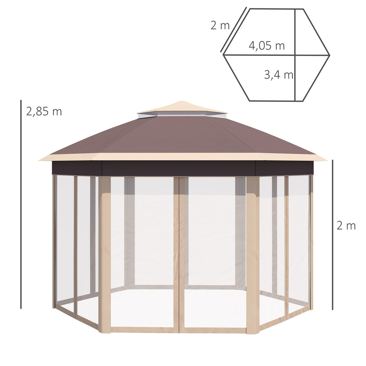 Garden Gazebo Folding Gazebo 4X4M Pop-Up Tent With Carry Bag, 6 Side Panels, Double Roof, Hexagonal, Beige+Khaki