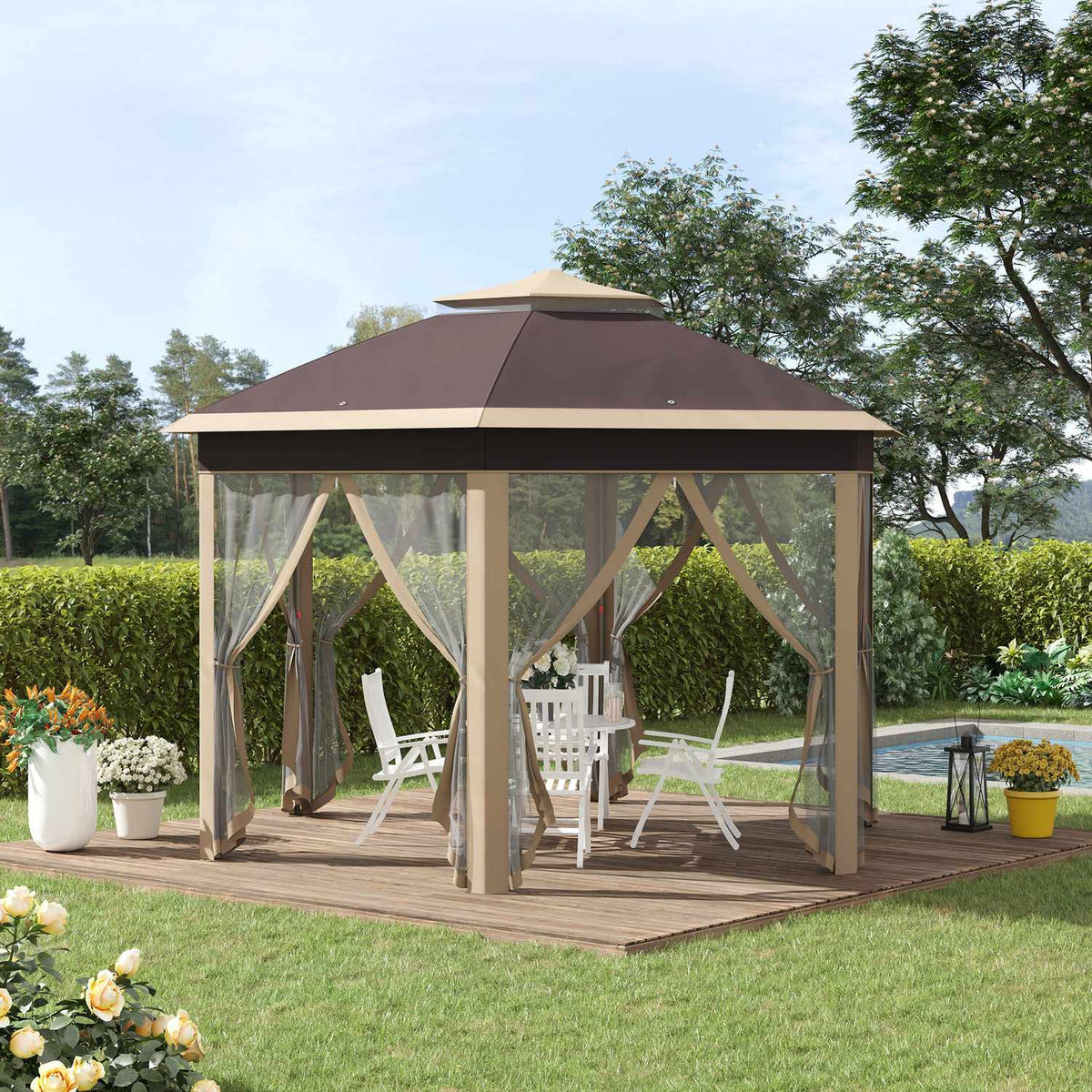 Garden Gazebo Folding Gazebo 4X4M Pop-Up Tent With Carry Bag, 6 Side Panels, Double Roof, Hexagonal, Beige+Khaki