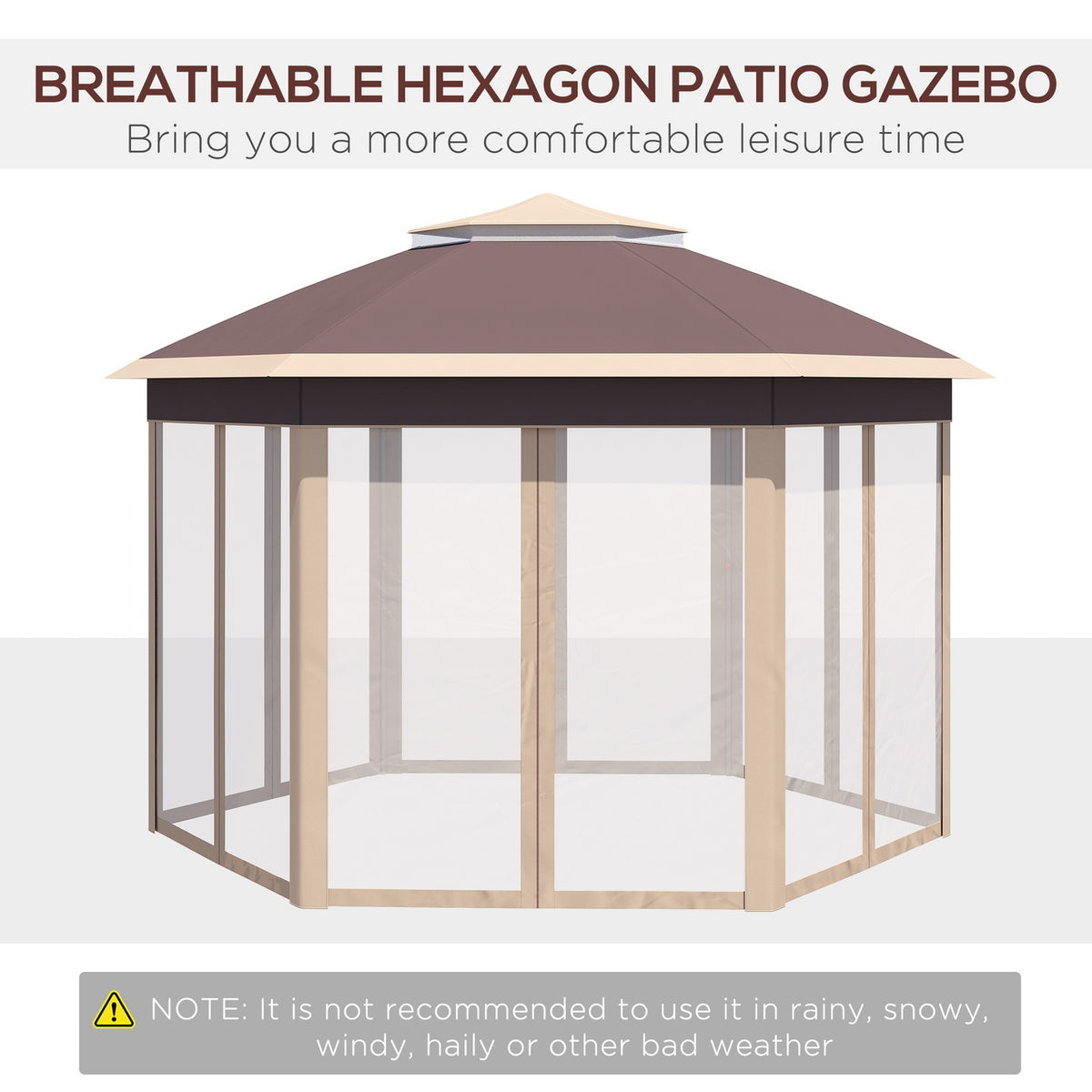Garden Gazebo Folding Gazebo 4X4M Pop-Up Tent With Carry Bag, 6 Side Panels, Double Roof, Hexagonal, Beige+Khaki