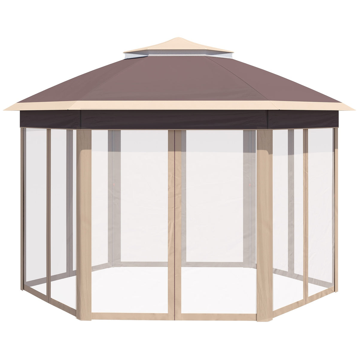 Garden Gazebo Folding Gazebo 4X4M Pop-Up Tent With Carry Bag, 6 Side Panels, Double Roof, Hexagonal, Beige+Khaki