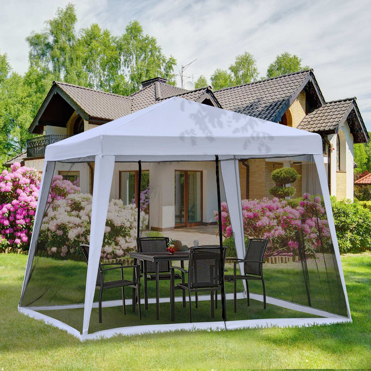 Garden Gazebo Pavilion Marquee Party Tent Weatherproof Tent With Mosquito Net Metal + Polyester Gray 3 X 3 M