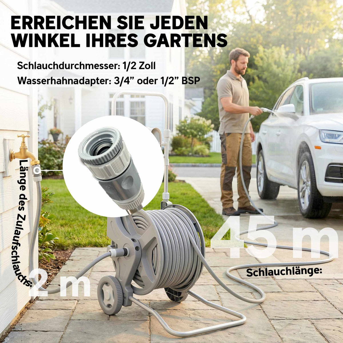 Garden Hose Reel Trolley, 45m Hose, Dual-Function Nozzle