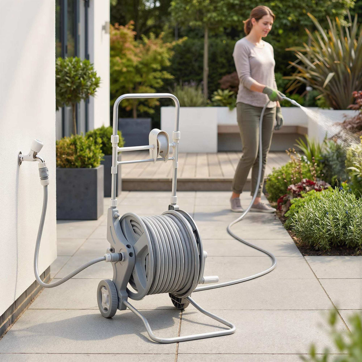 Garden Hose Reel Trolley, 45m Hose, Dual-Function Nozzle