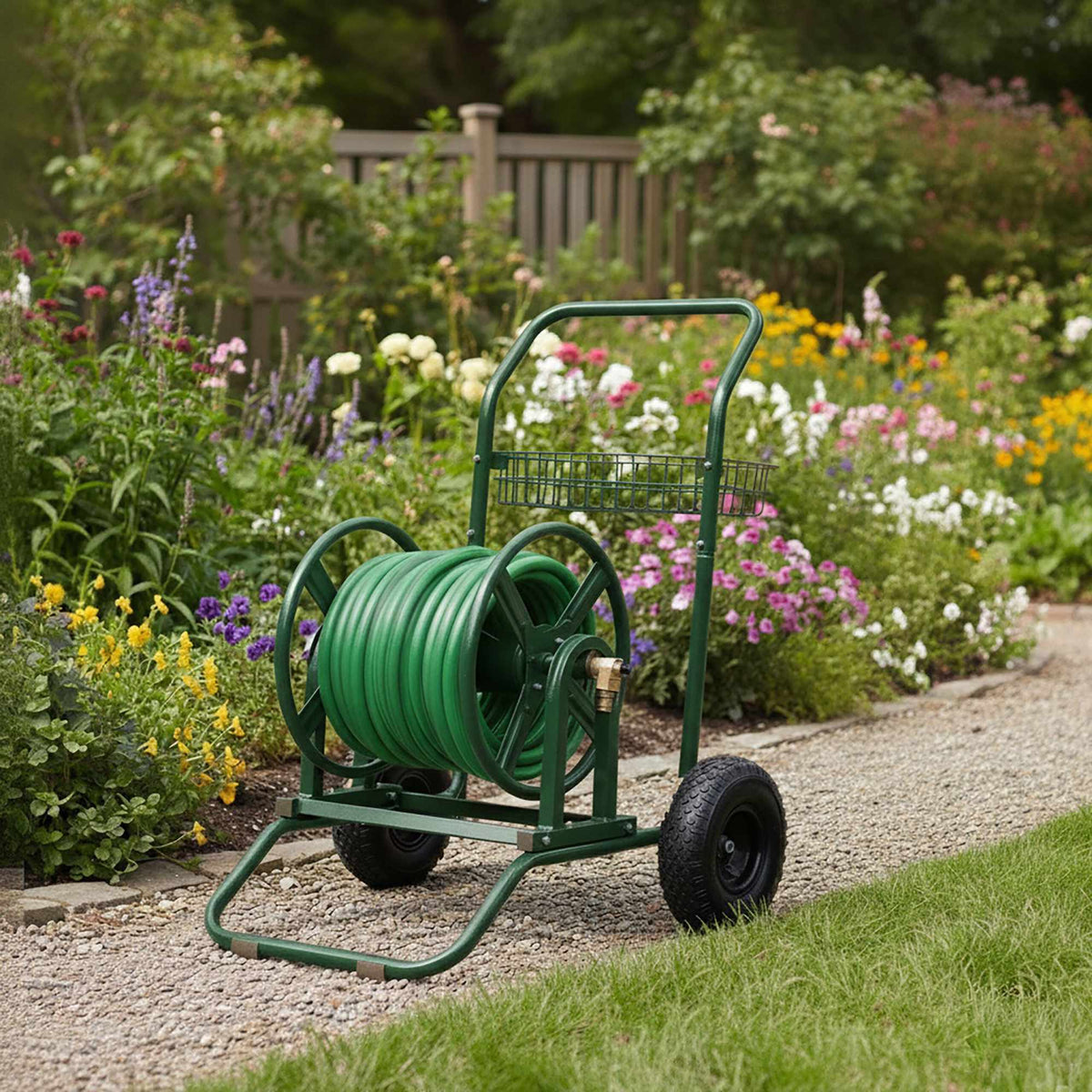 Garden Hose Trolley with 60m Reel and Wheels