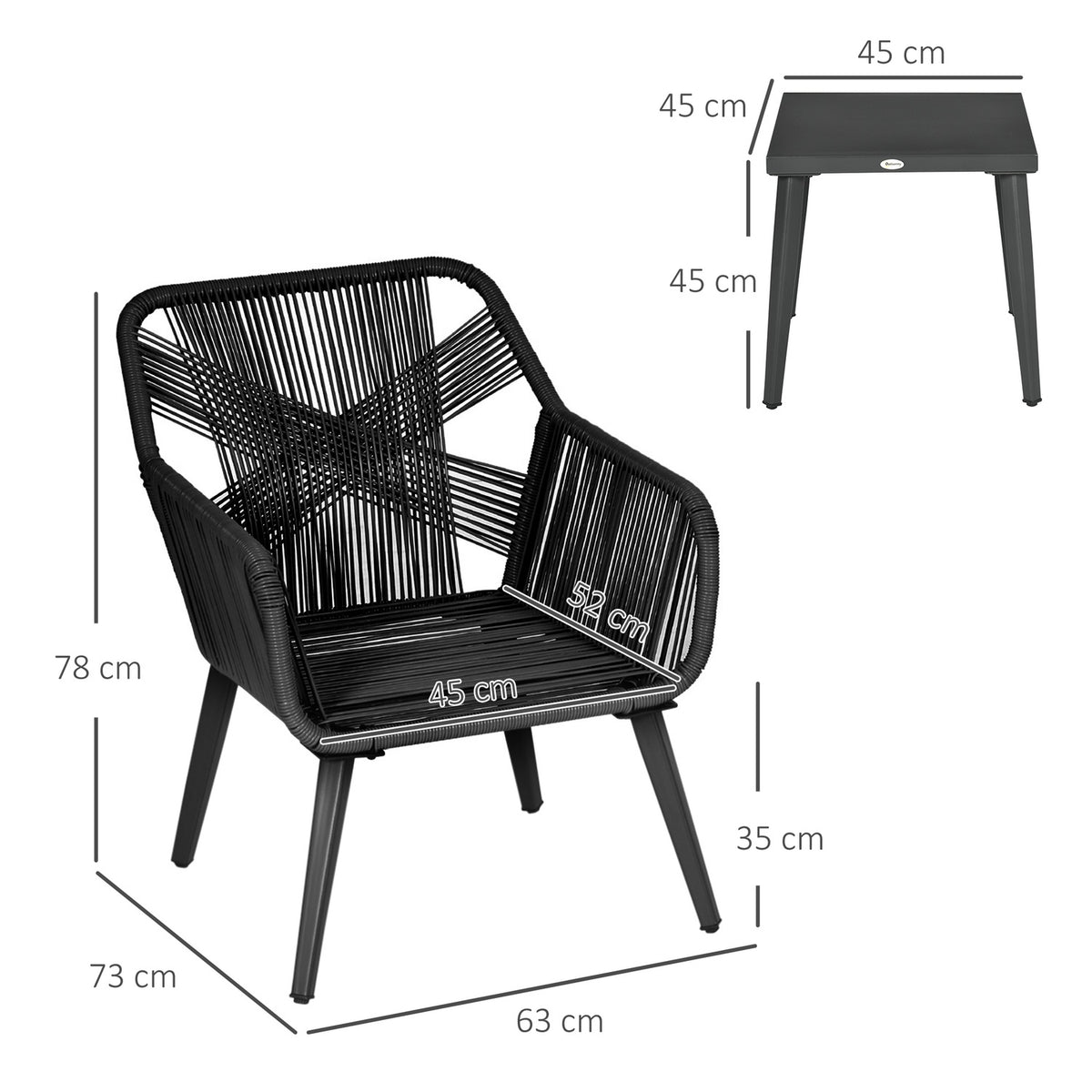 Garden Lounge Set For 2 2 Armchairs 1 Table Weather Resistant 63Cm X 73Cm X 78Cm Black + Dark Gray