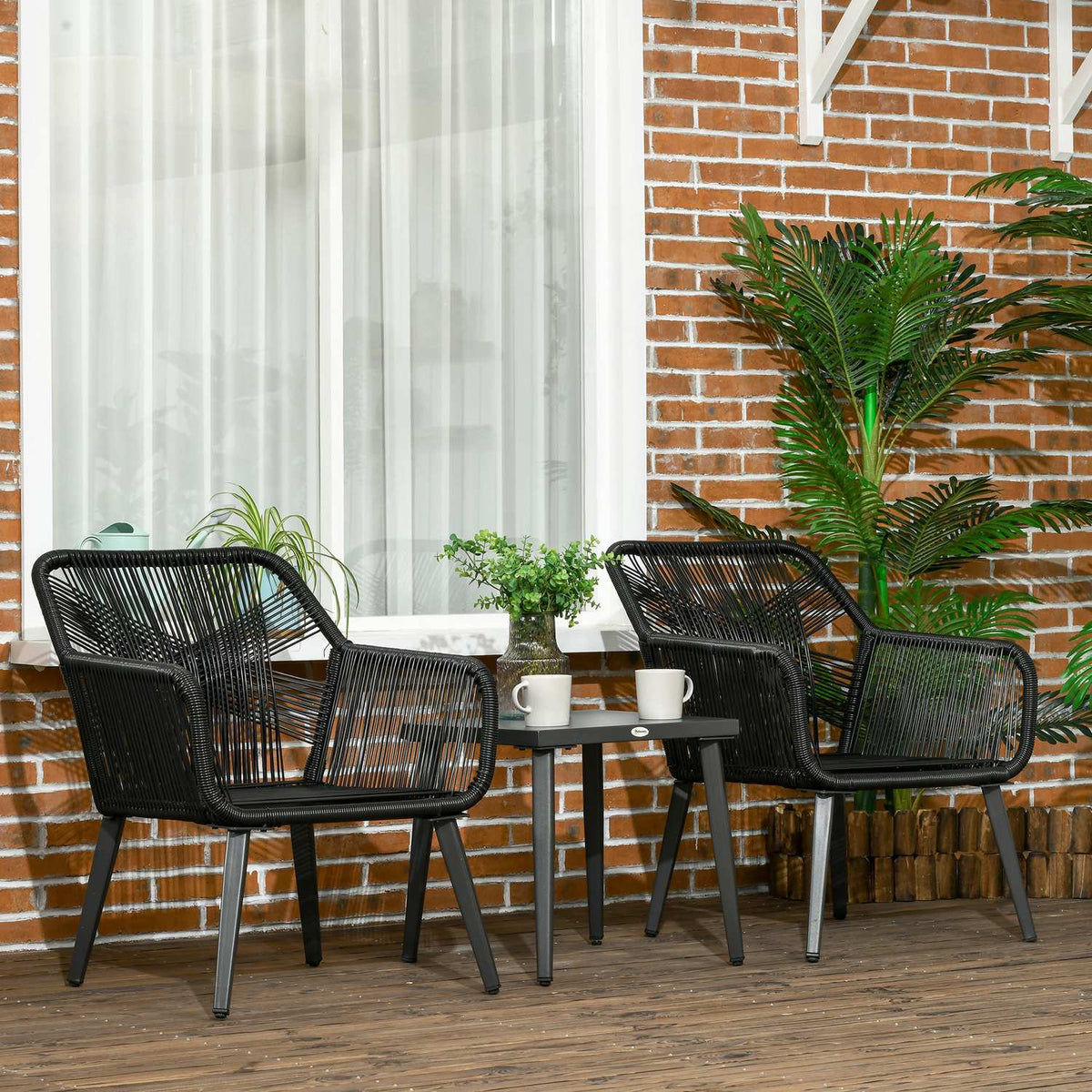 Garden Lounge Set For 2 2 Armchairs 1 Table Weather Resistant 63Cm X 73Cm X 78Cm Black + Dark Gray