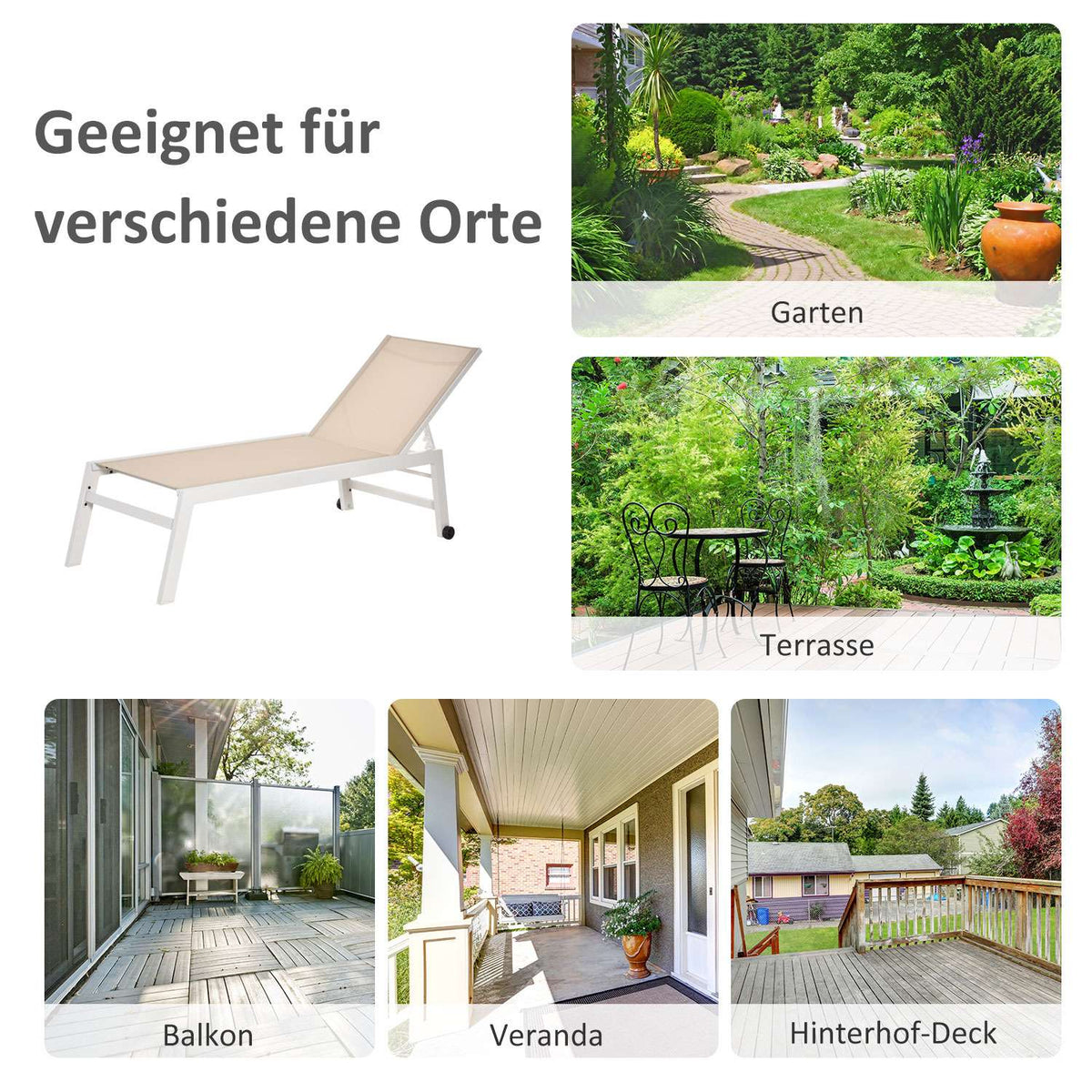 Garden Lounger 5-Step Backrest Aluminum Cream White 169X65X102Cm