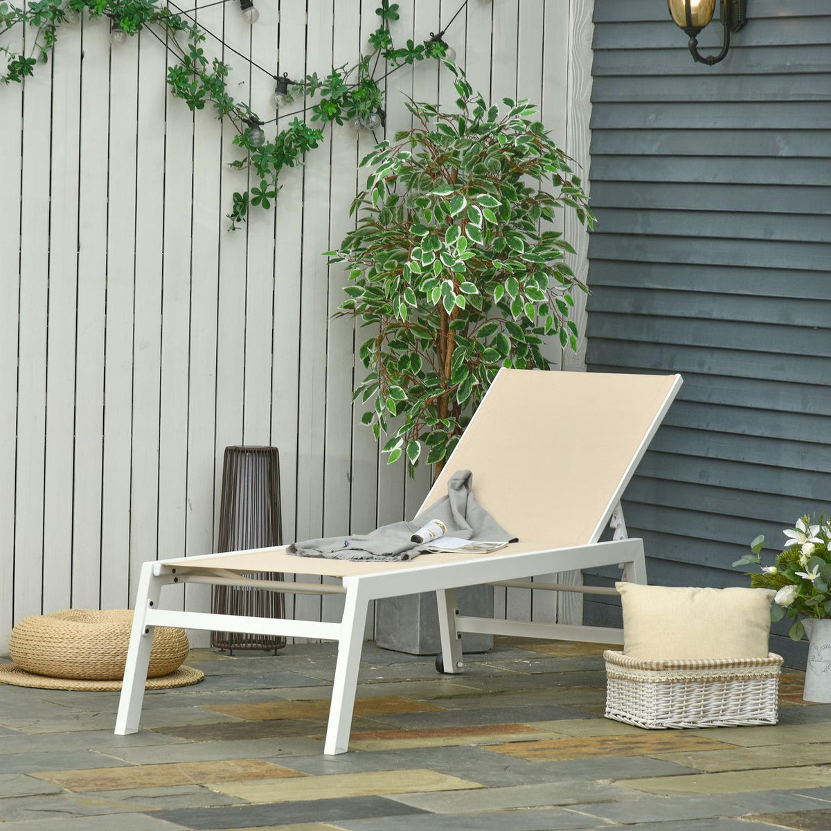 Garden Lounger 5-Step Backrest Aluminum Cream White 169X65X102Cm