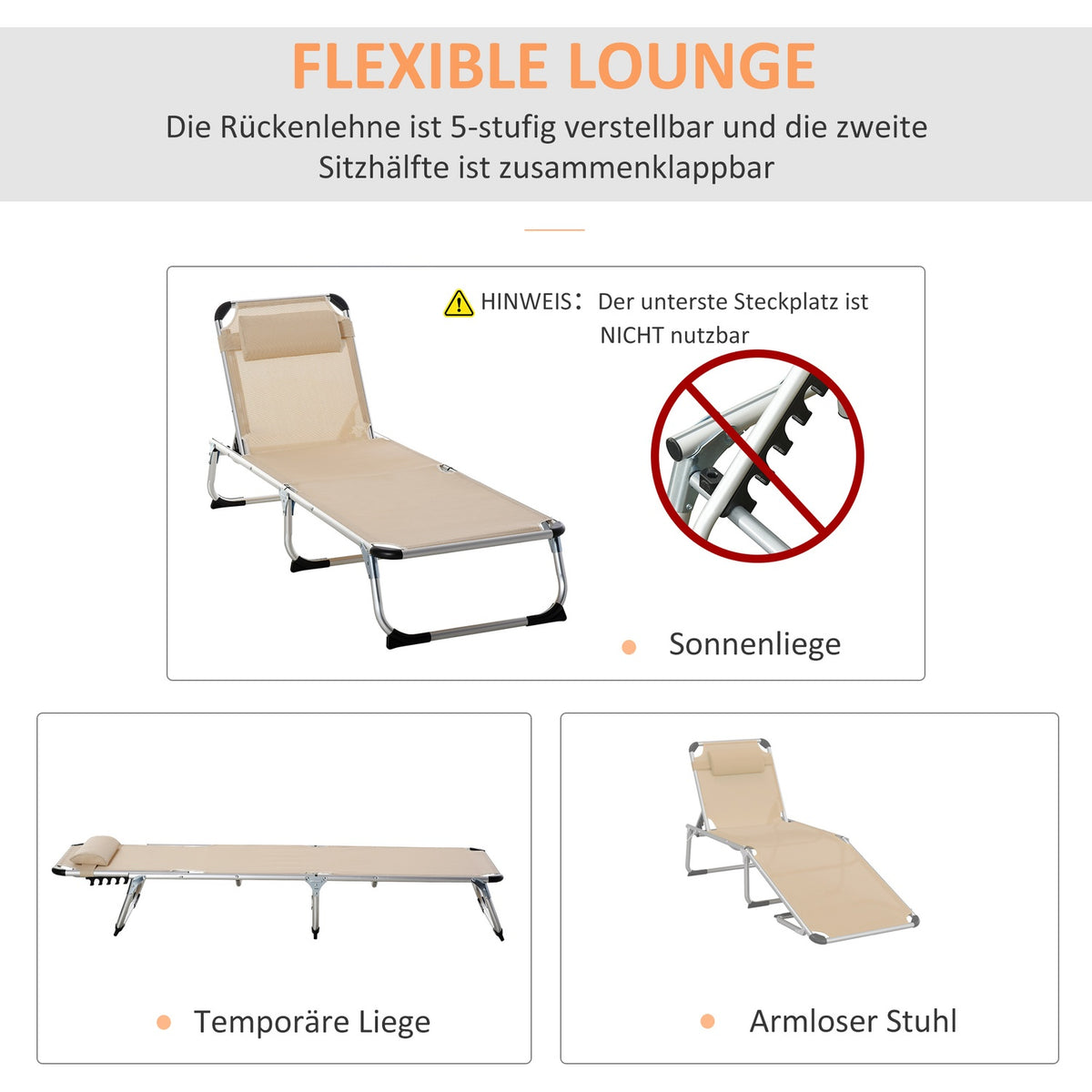 Garden Lounger Aluminum 5-Way Adjustable Foldable Ergonomic Mesh Beige 170X60X76Cm