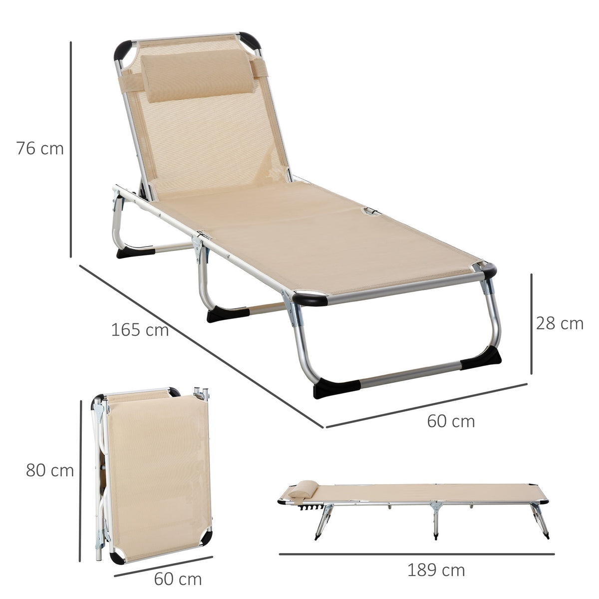 Garden Lounger Aluminum 5-Way Adjustable Foldable Ergonomic Mesh Beige 170X60X76Cm