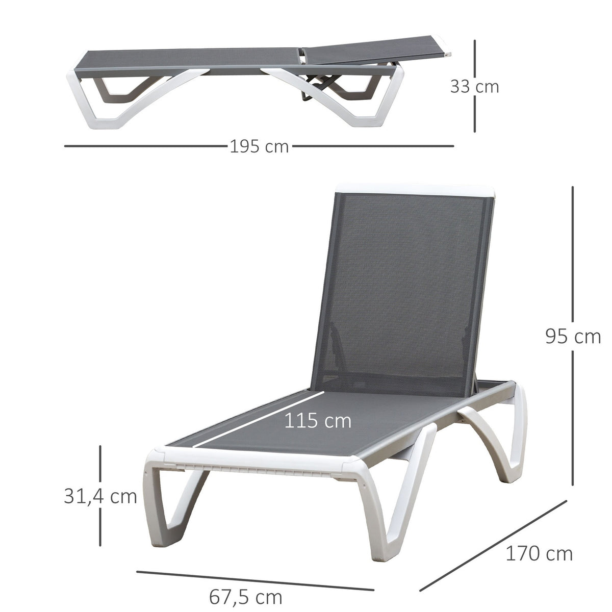 Garden Lounger Aluminum Sun Lounger Fabric Lounger Relax Lounger 5-Way Adjustable Ergonomic Textline Gray + White 170 X 67.5 X 95 Cm