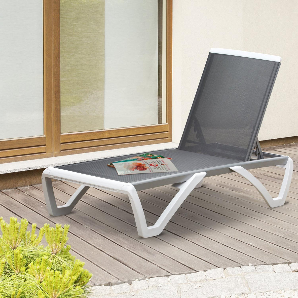 Garden Lounger Aluminum Sun Lounger Fabric Lounger Relax Lounger 5-Way Adjustable Ergonomic Textline Gray + White 170 X 67.5 X 95 Cm