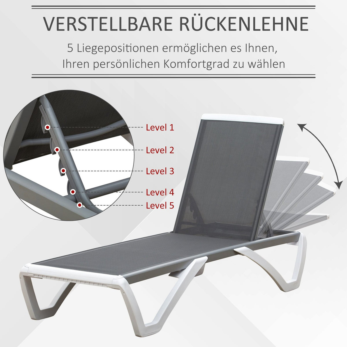 Garden Lounger Aluminum Sun Lounger Fabric Lounger Relax Lounger 5-Way Adjustable Ergonomic Textline Gray + White 170 X 67.5 X 95 Cm
