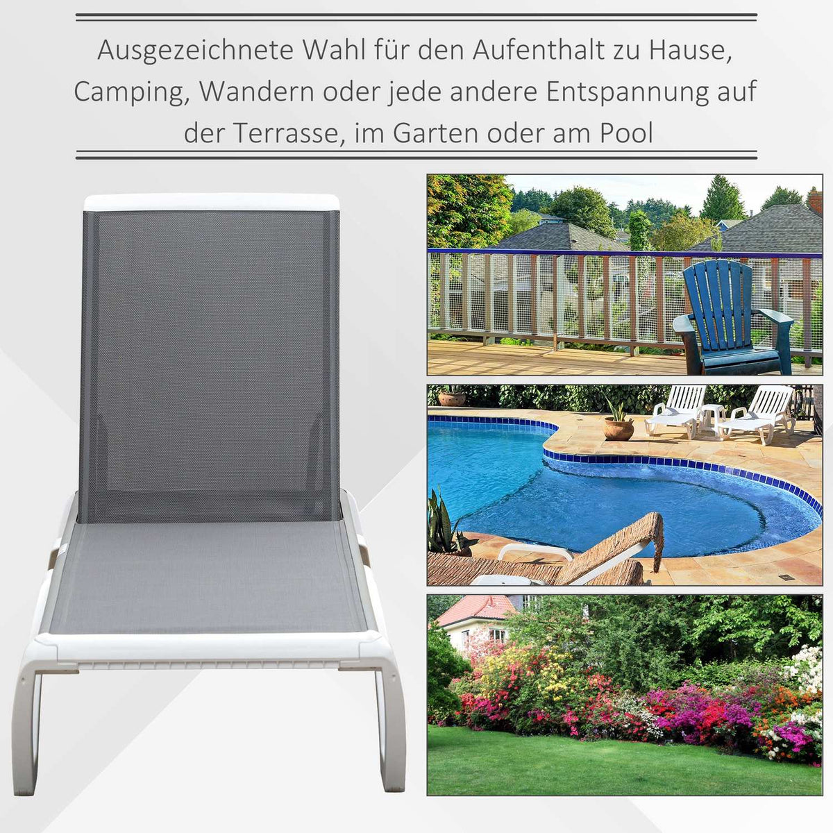 Garden Lounger Aluminum Sun Lounger Fabric Lounger Relax Lounger 5-Way Adjustable Ergonomic Textline Gray + White 170 X 67.5 X 95 Cm