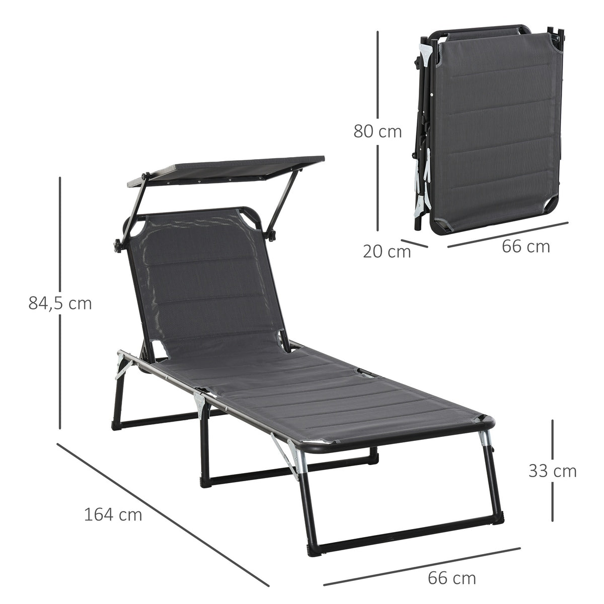 Garden Lounger Aluminum Sun Lounger Roof 5-Way Adjustable Foldable Ergonomic Textline Dark Gray 164 X 66 X 84.5 Cm
