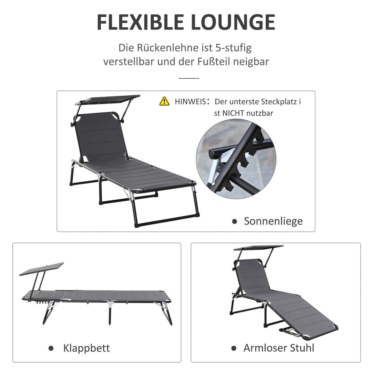 Garden Lounger Aluminum Sun Lounger Roof 5-Way Adjustable Foldable Ergonomic Textline Dark Gray 164 X 66 X 84.5 Cm