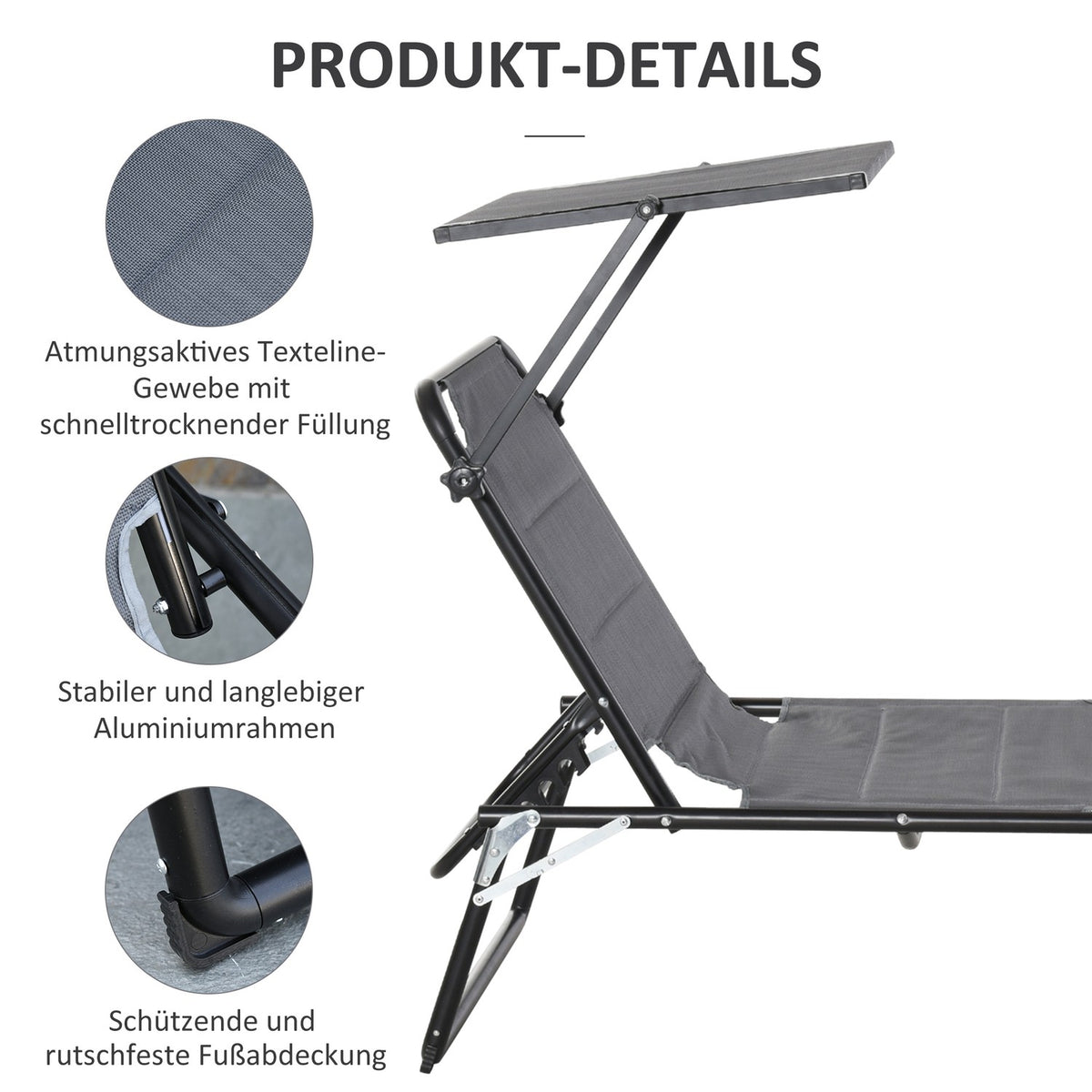 Garden Lounger Aluminum Sun Lounger Roof 5-Way Adjustable Foldable Ergonomic Textline Dark Gray 164 X 66 X 84.5 Cm