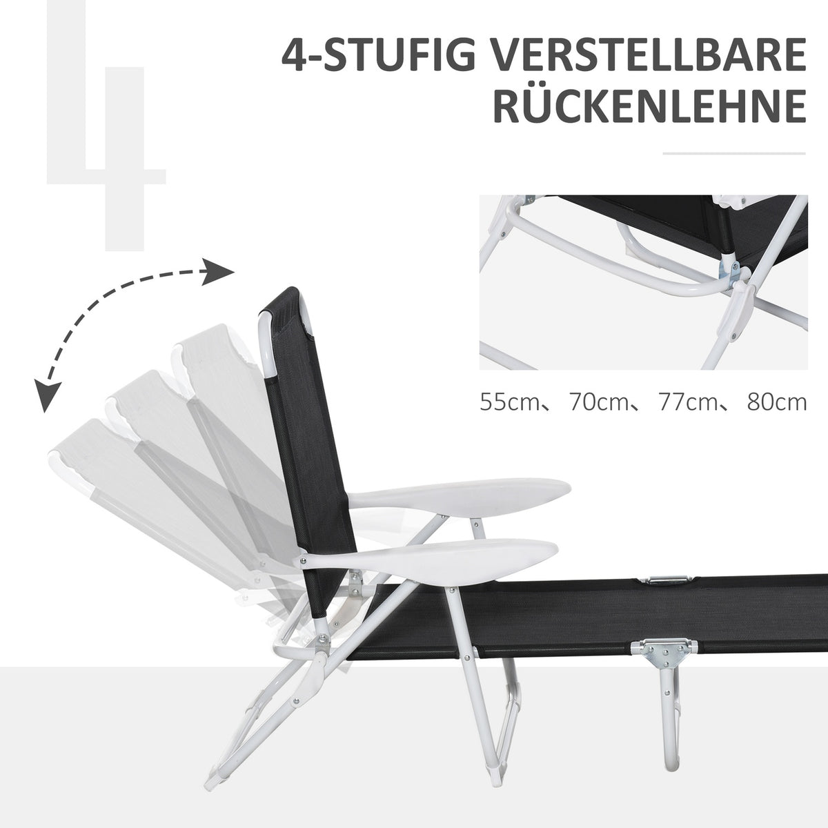 Garden Lounger Deck Chair Foldable 4-Tier Mesh Black 186X66X80Cm