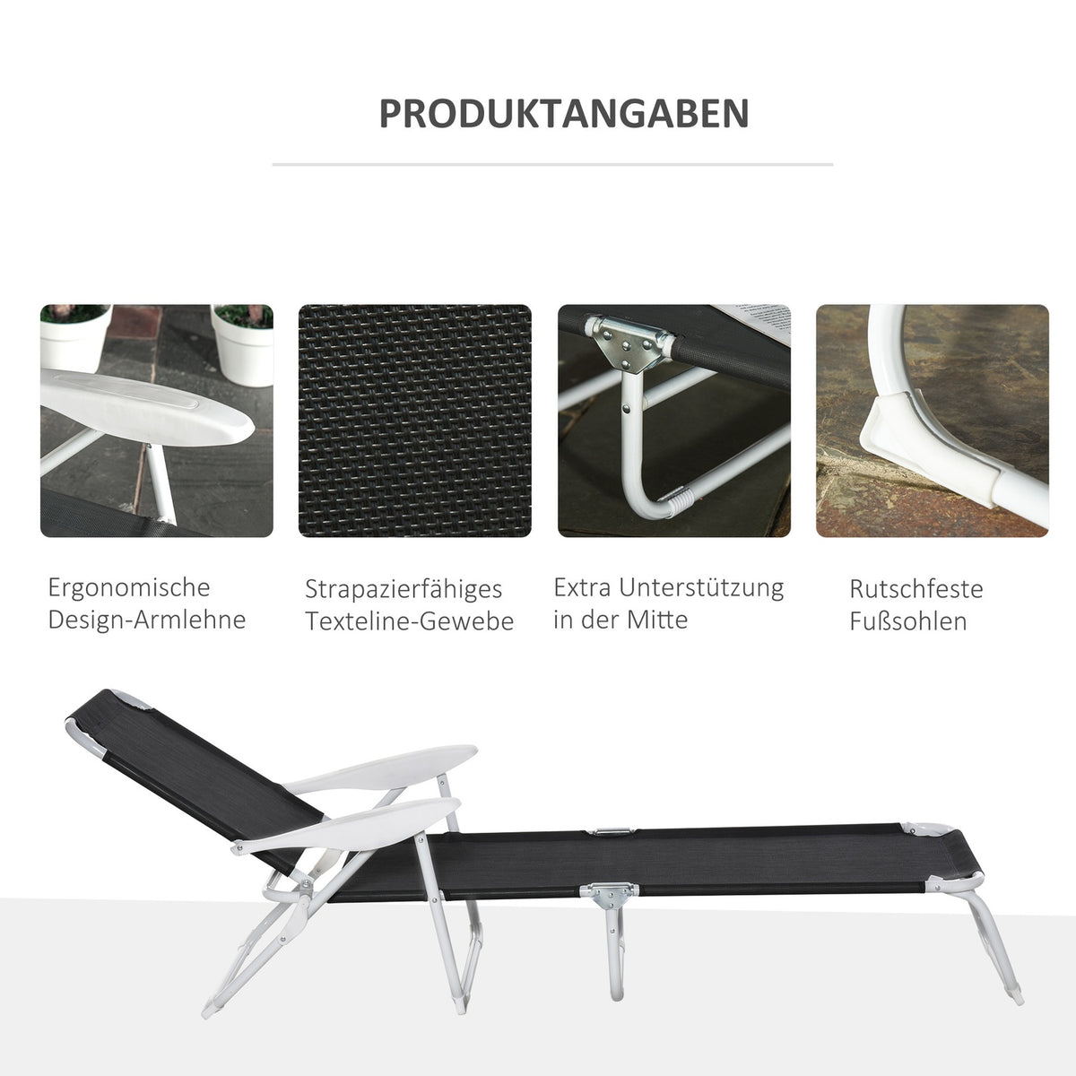 Garden Lounger Deck Chair Foldable 4-Tier Mesh Black 186X66X80Cm
