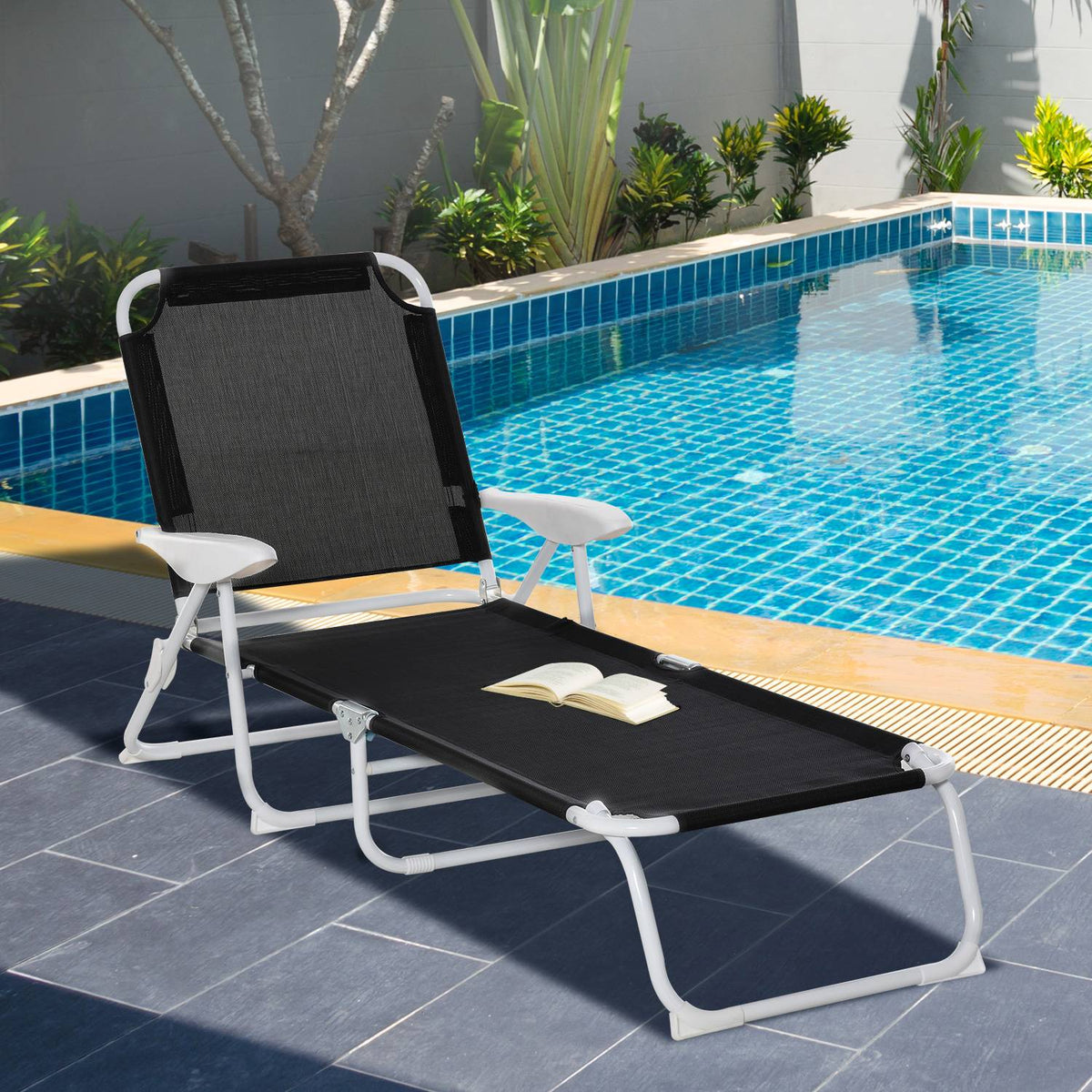 Garden Lounger Deck Chair Foldable 4-Tier Mesh Black 186X66X80Cm