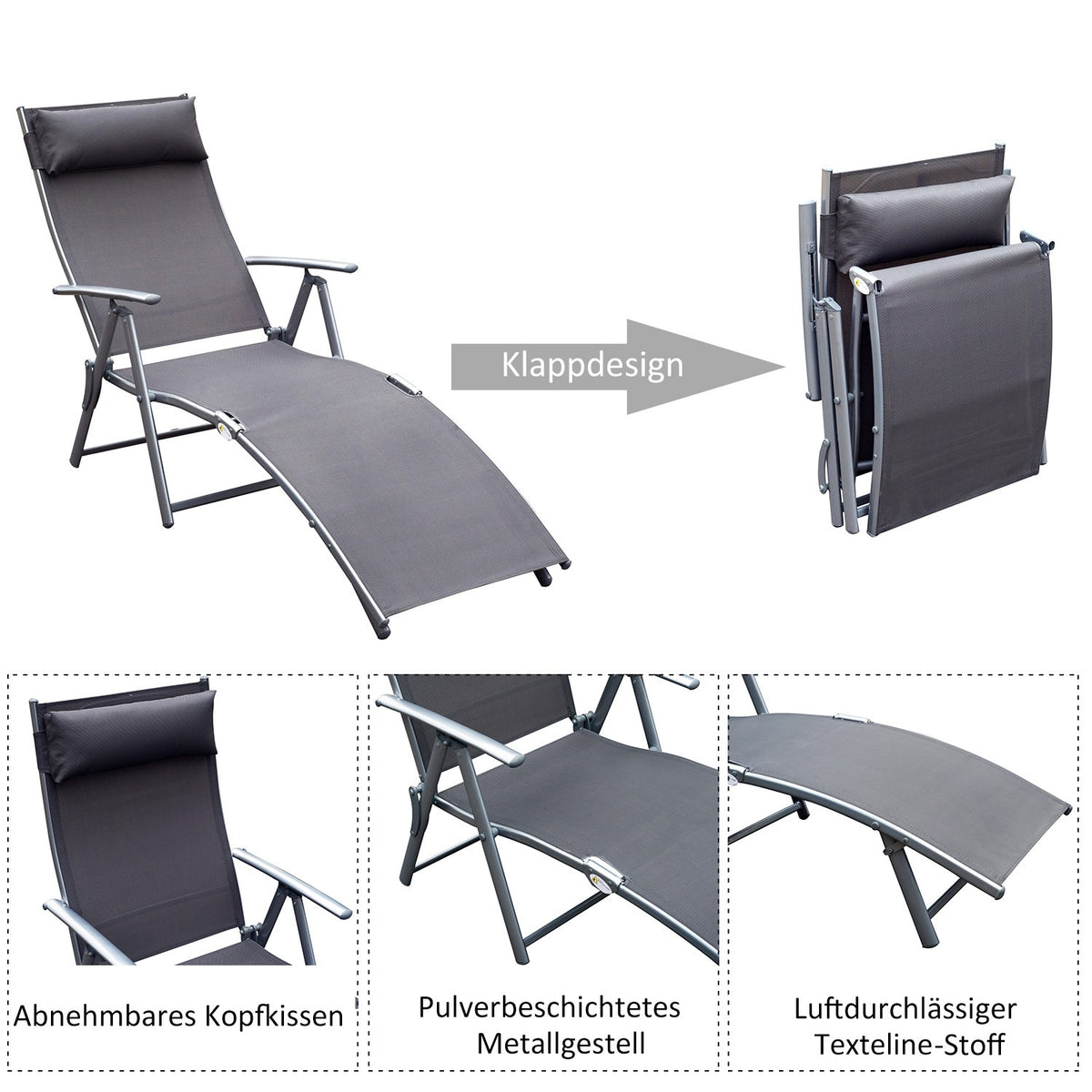 Garden Lounger Deck Chair Sun Lounger Foldable Adjustable With Cushion Garden Gray Metal + Fabric Gray 137 X 63.5 X 100.5 Cm