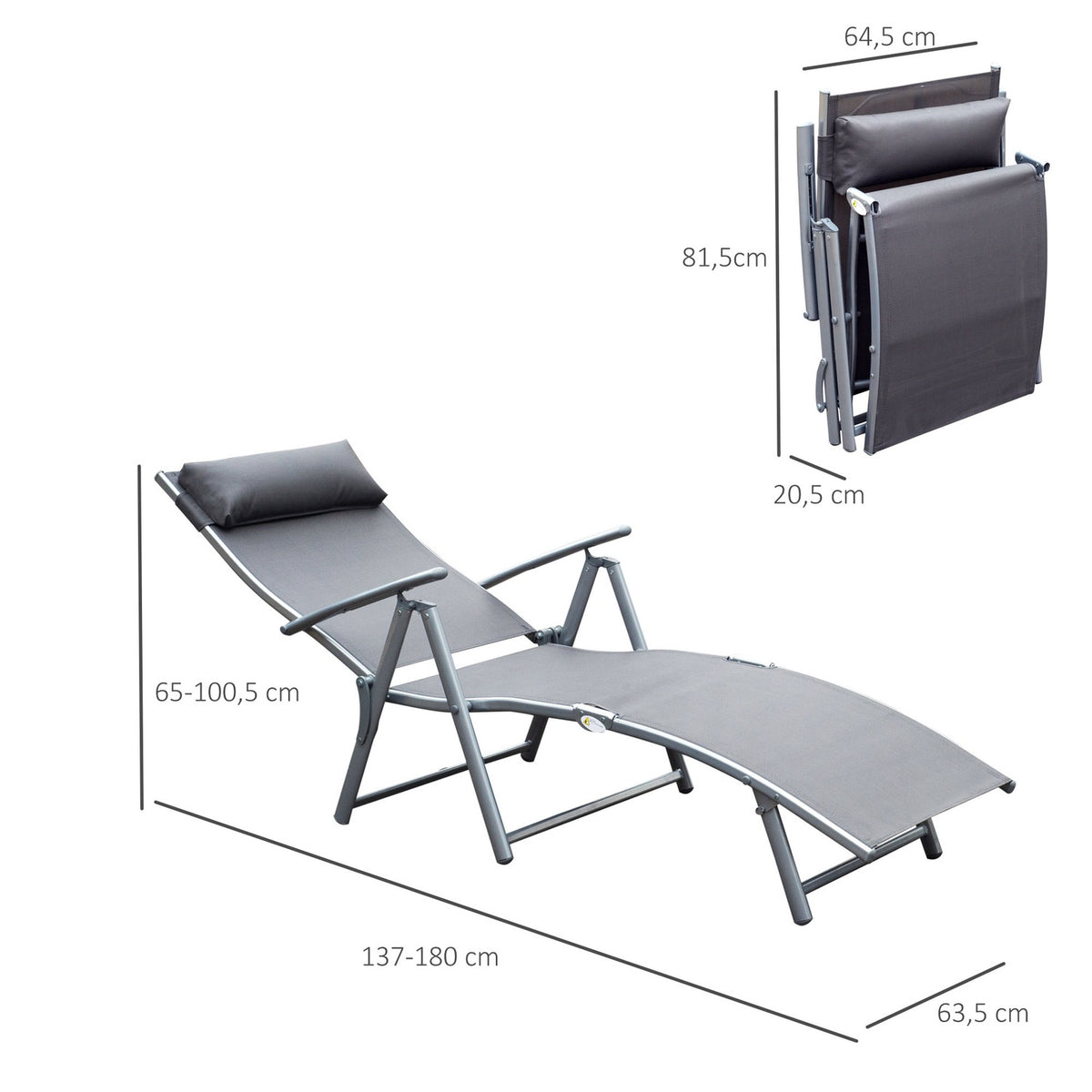 Garden Lounger Deck Chair Sun Lounger Foldable Adjustable With Cushion Garden Gray Metal + Fabric Gray 137 X 63.5 X 100.5 Cm