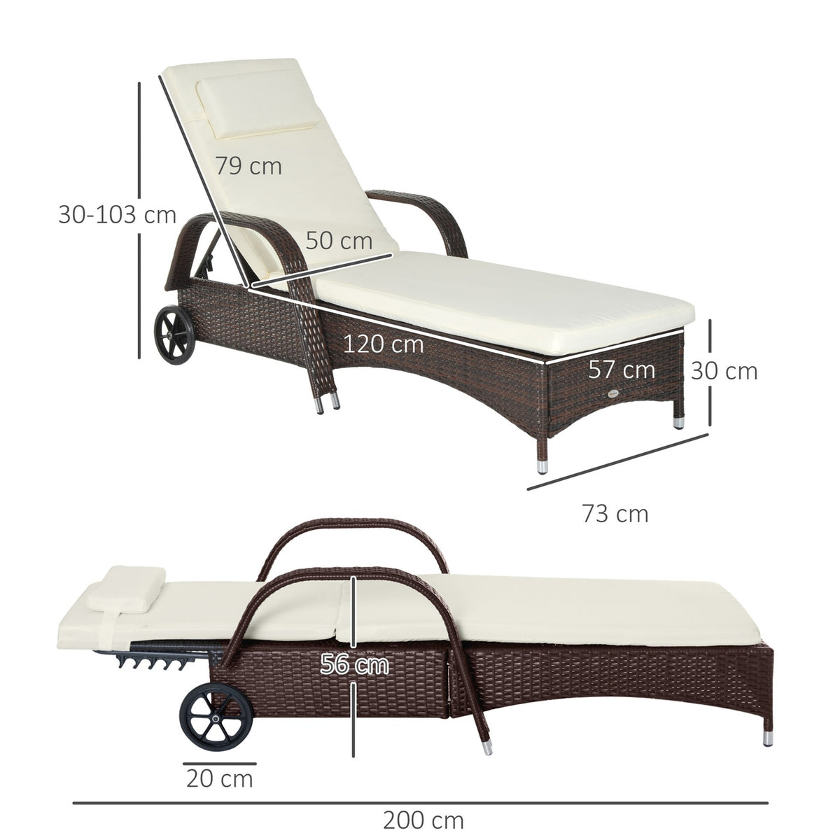 Garden Lounger, Sun Lounger, Rattan Lounger, Garden Furniture, Mobile Lounger With Cushions And Wheels, Polyrattan + Metal, Coffee Brown, 200 X 73 X 30-103Cm