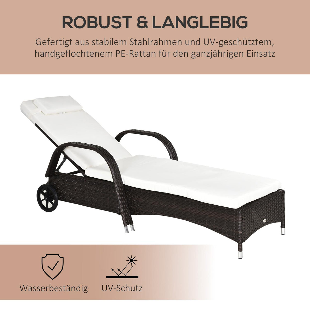Garden Lounger, Sun Lounger, Rattan Lounger, Garden Furniture, Mobile Lounger With Cushions And Wheels, Polyrattan + Metal, Coffee Brown, 200 X 73 X 30-103Cm