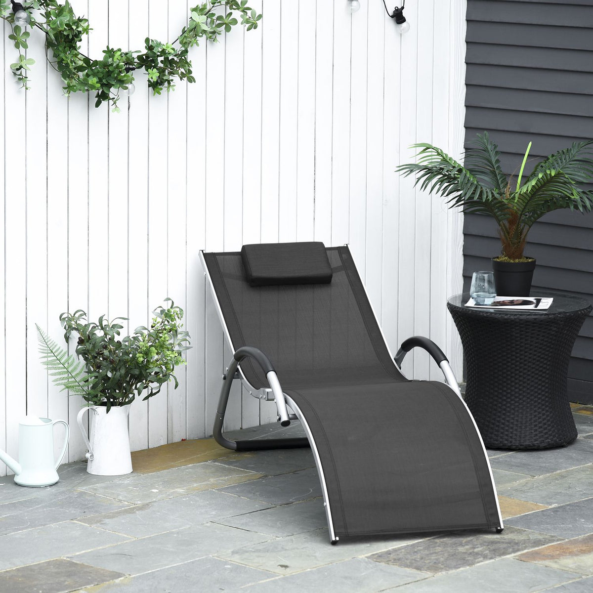 Garden Loungers With Cushions Sun Lounger Relax Lounger Ergonomic Aluminum Textline Black 160 X 60 X 65 Cm