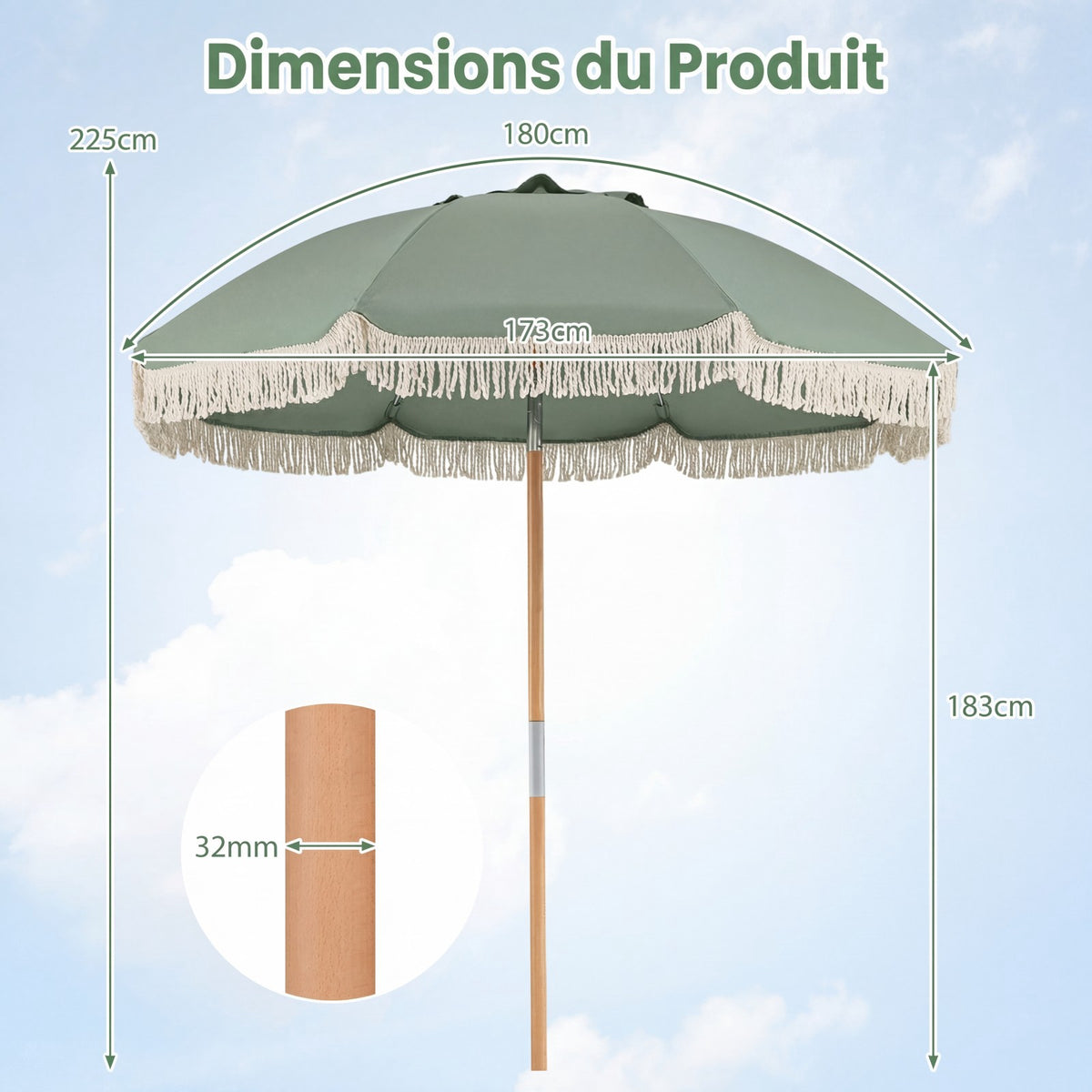 Garden Parasol 270cm, Wooden Pole, Tilt, Fringe, Green