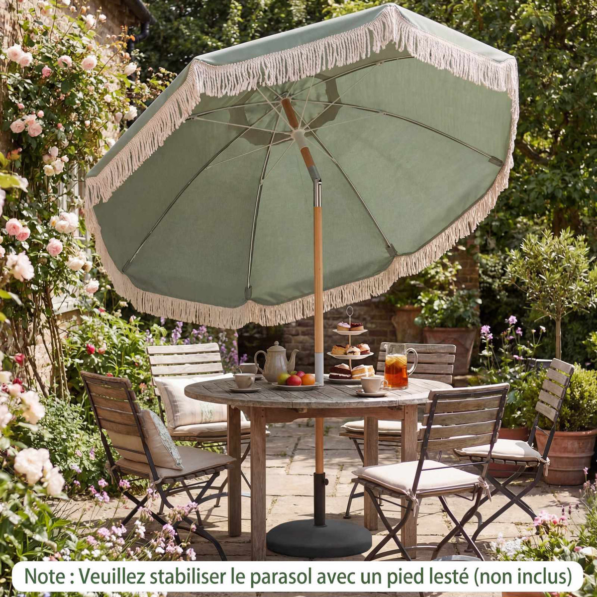 Garden Parasol 270cm, Wooden Pole, Tilt, Fringe, Green