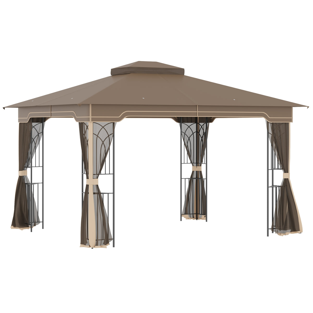 Garden Pavilion 3.65X3M Marquee With Double Roof & Mosquito Net, Metal, Brown+Beige