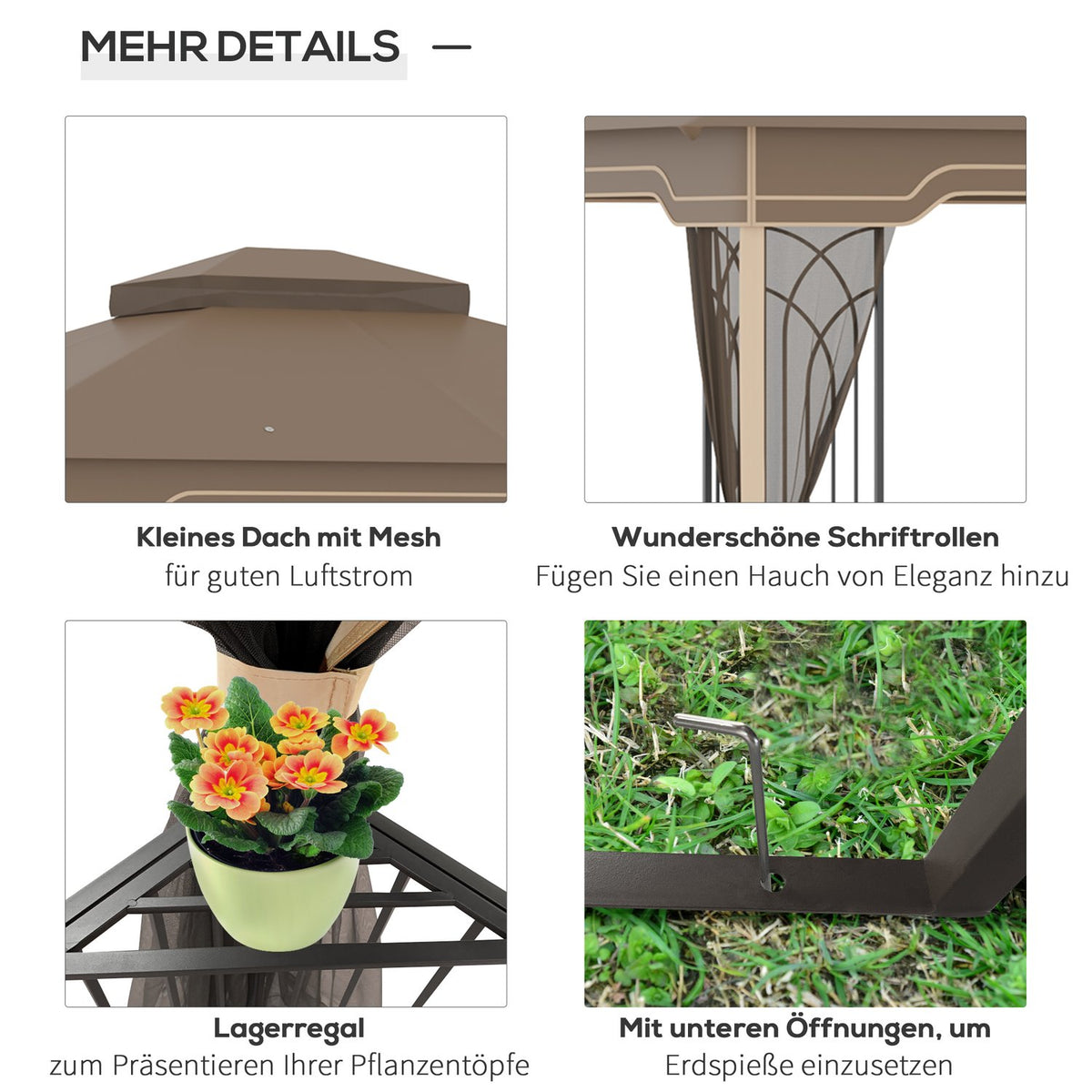 Garden Pavilion 3.65X3M Marquee With Double Roof & Mosquito Net, Metal, Brown+Beige