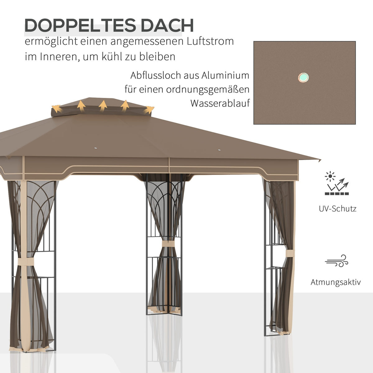 Garden Pavilion 3.65X3M Marquee With Double Roof & Mosquito Net, Metal, Brown+Beige