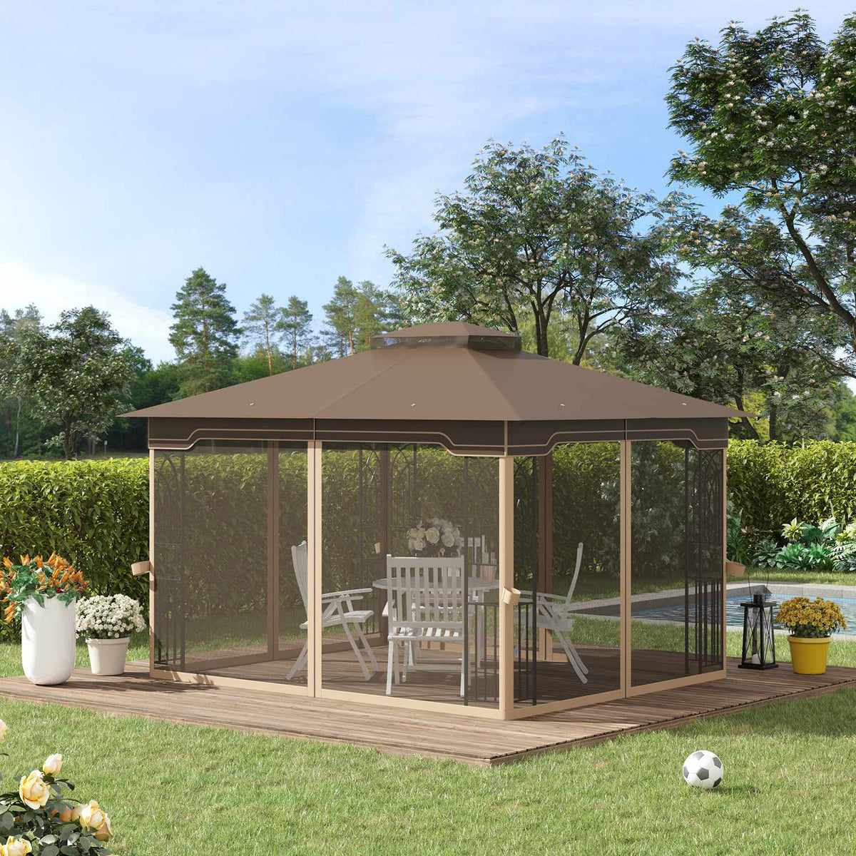 Garden Pavilion 3.65X3M Marquee With Double Roof & Mosquito Net, Metal, Brown+Beige