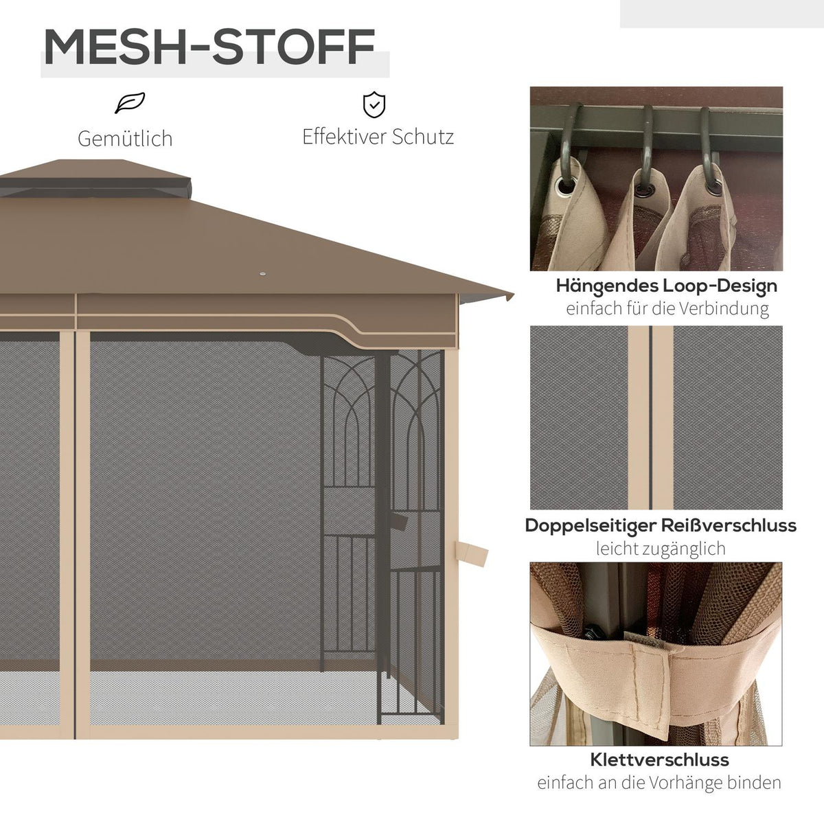 Garden Pavilion 3.65X3M Marquee With Double Roof & Mosquito Net, Metal, Brown+Beige