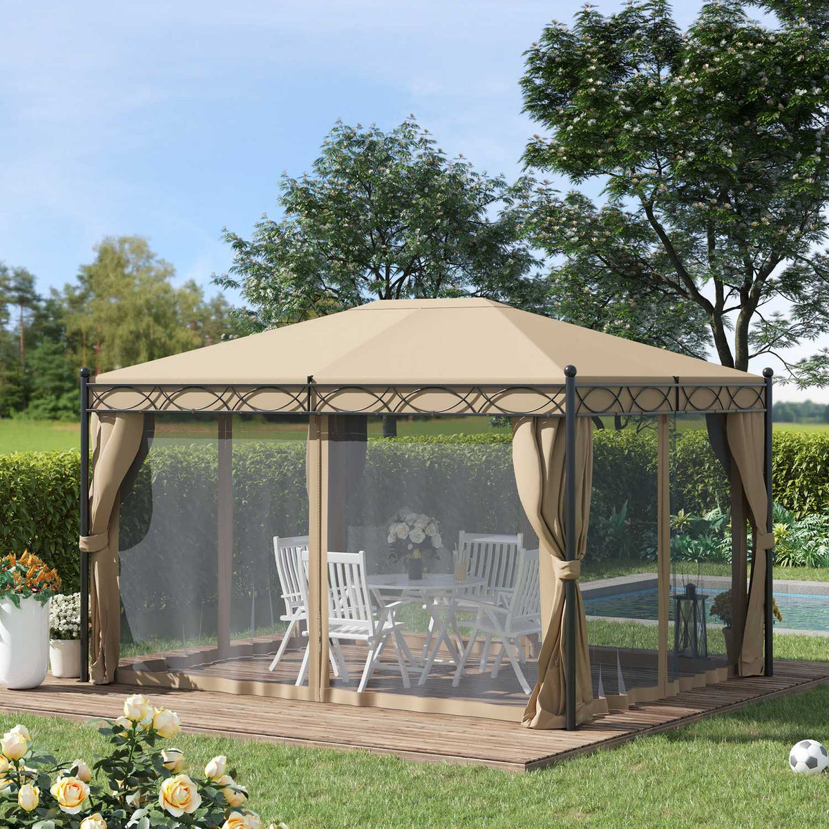 Garden Pavilion Elegant Garden Tent 3X4M With Side Walls, Mosquito Net, Metal & Polyester In Beige