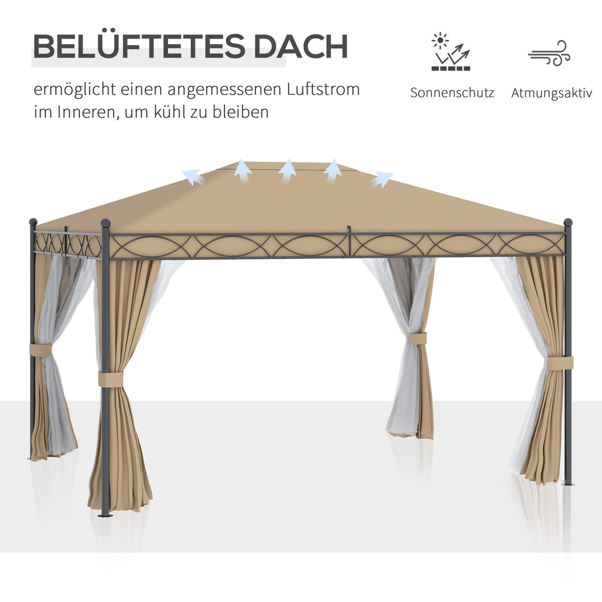 Garden Pavilion Elegant Garden Tent 3X4M With Side Walls, Mosquito Net, Metal & Polyester In Beige