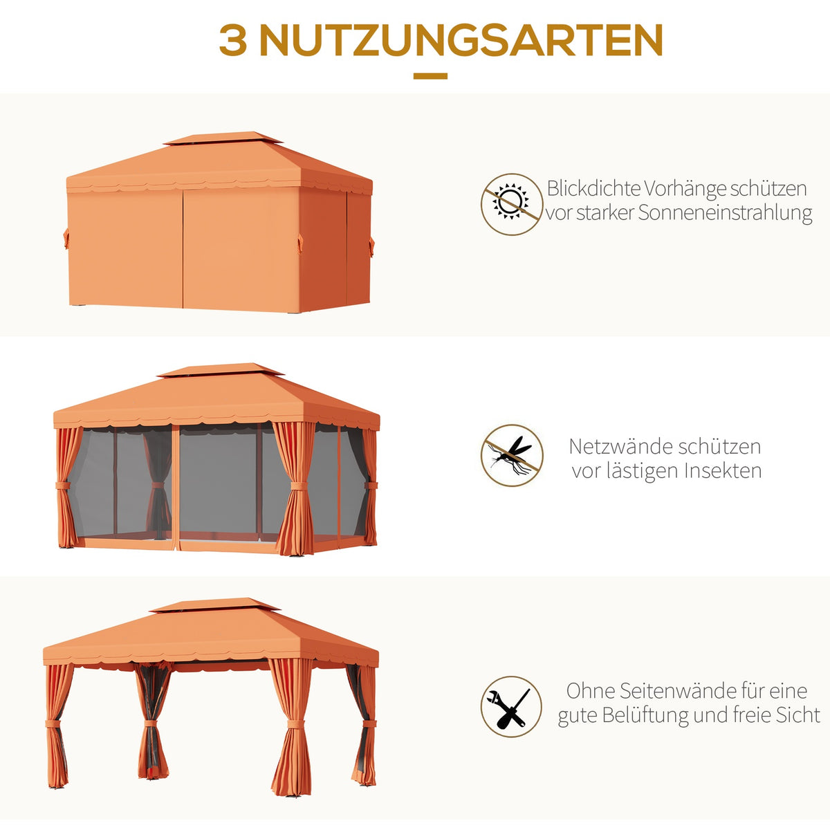 Garden Pavilion Gazebo Garden Tent Marquee Party Tent With 4 X Side Walls Weatherproof Aluminum Polyester Orange 3.9 X 2.9 X 2.7 M