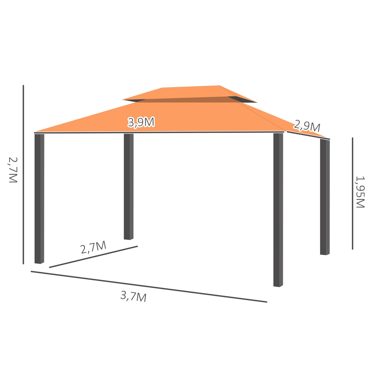 Garden Pavilion Gazebo Garden Tent Marquee Party Tent With 4 X Side Walls Weatherproof Aluminum Polyester Orange 3.9 X 2.9 X 2.7 M