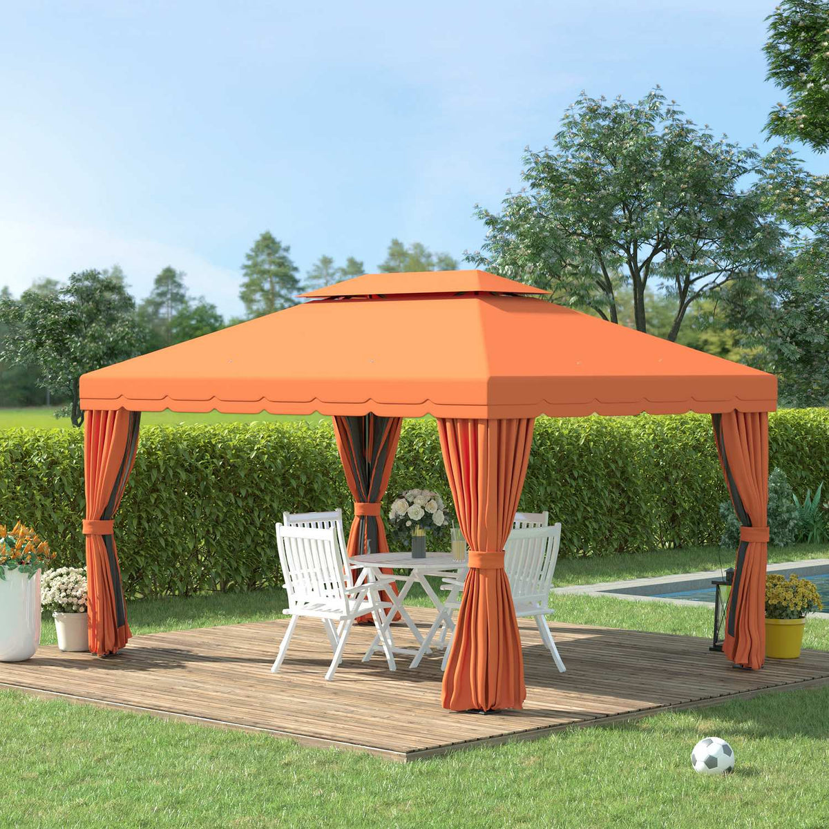 Garden Pavilion Gazebo Garden Tent Marquee Party Tent With 4 X Side Walls Weatherproof Aluminum Polyester Orange 3.9 X 2.9 X 2.7 M