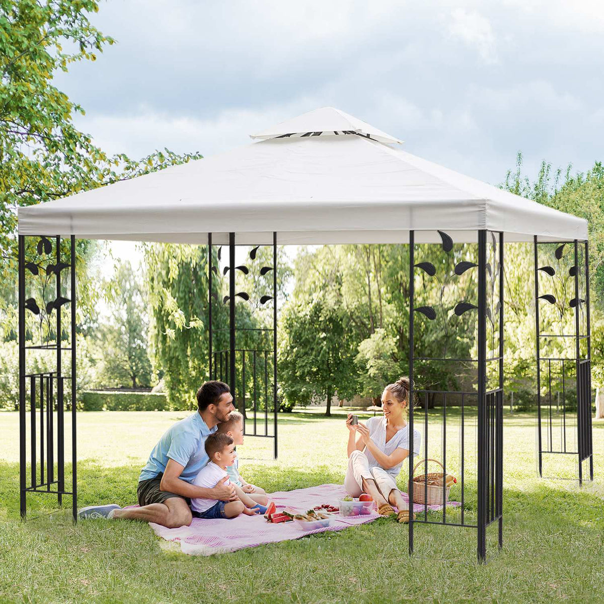 Garden Pavilion Leaf Design 2.95X2.95M Steel Frame Double Roof Party Tent Polyester Cream White