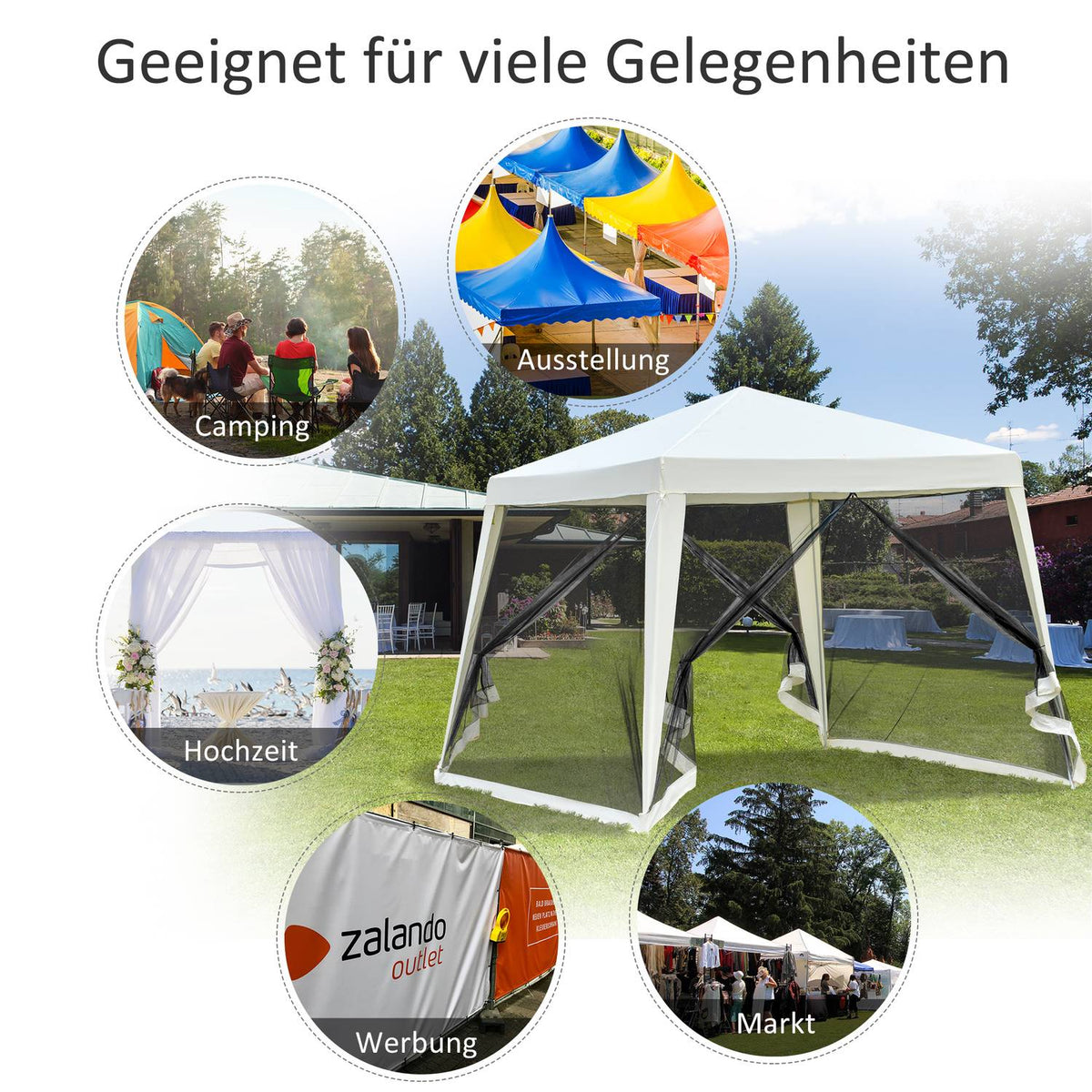 Garden Pavilion Marquee, Party Tent Weatherproof With Mosquito Net, Metal + Polyester, Cream White, 3X3M
