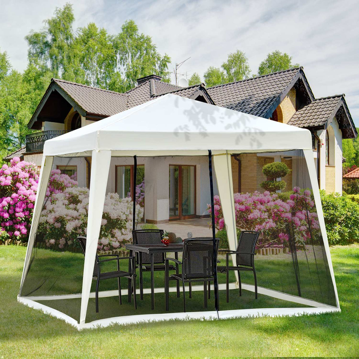 Garden Pavilion Marquee, Party Tent Weatherproof With Mosquito Net, Metal + Polyester, Cream White, 3X3M